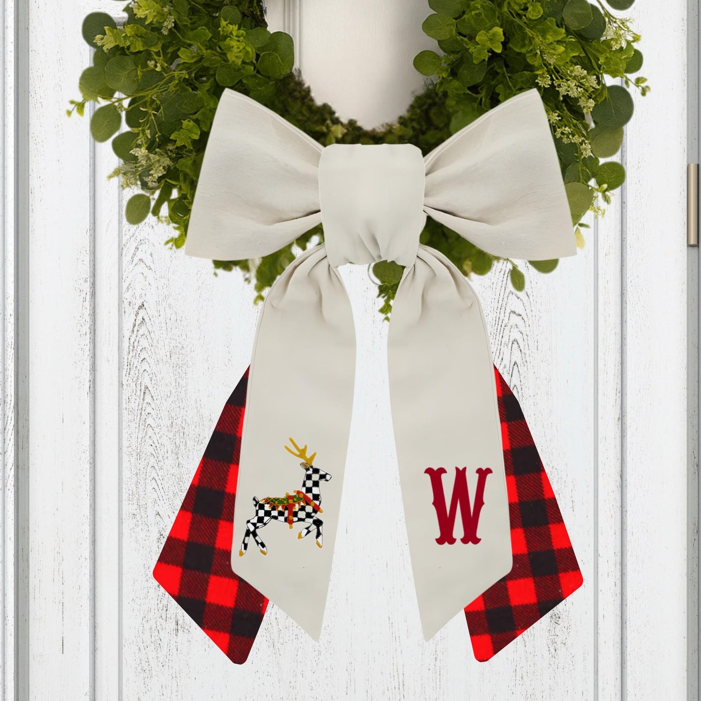 Personalized Embroidered Christmas Wreath Sash: Black and White Check, Holiday Farmhouse Deer Door Hanger
