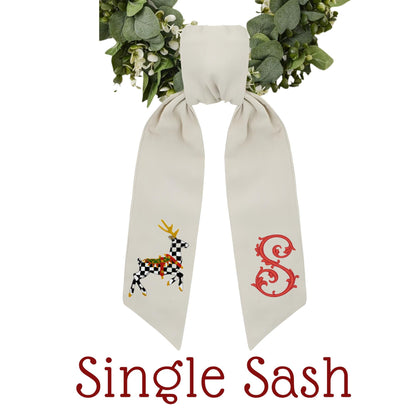Personalized Embroidered Christmas Wreath Sash: Black and White Check, Holiday Farmhouse Deer Door Hanger