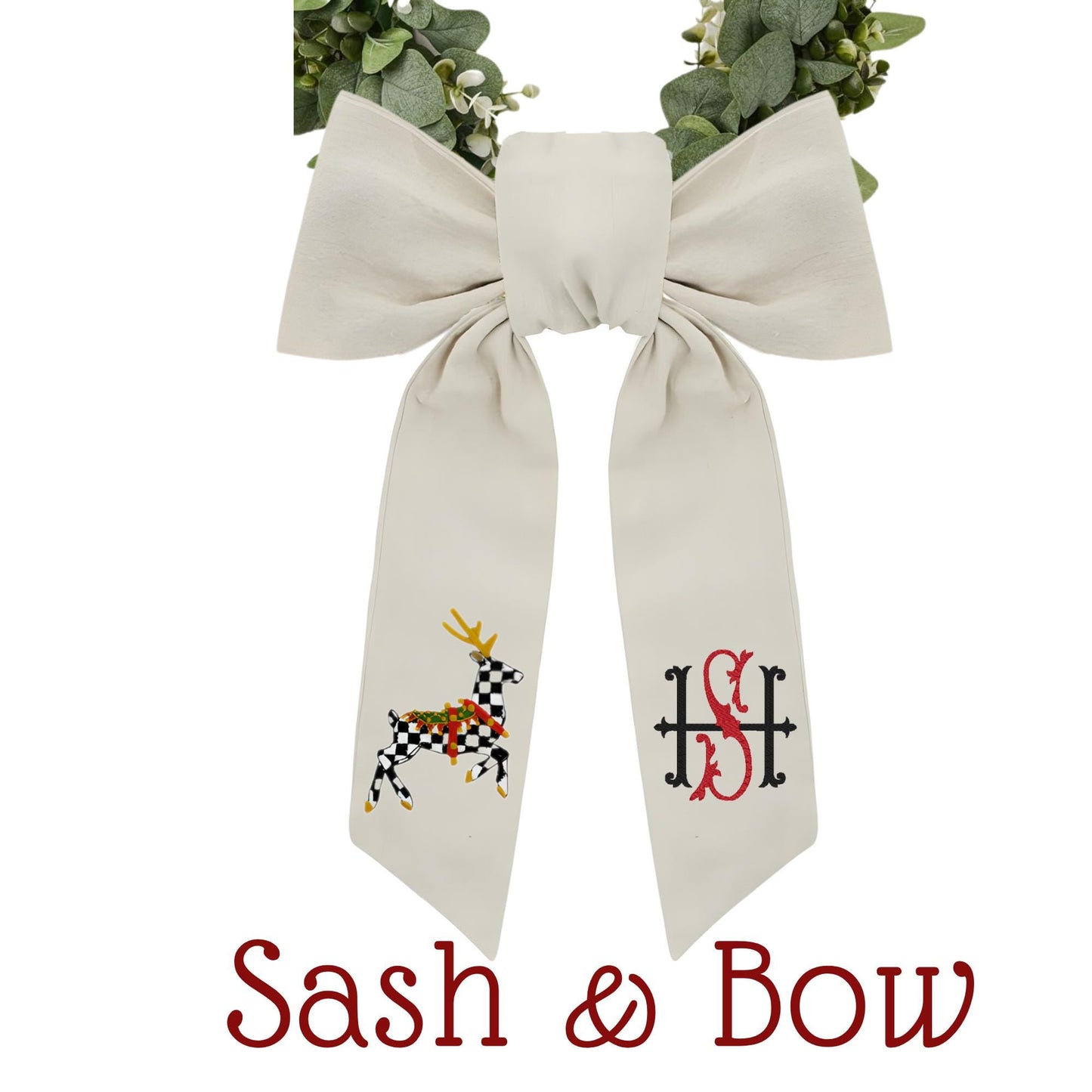 Personalized Embroidered Christmas Wreath Sash: Black and White Check, Holiday Farmhouse Deer Door Hanger