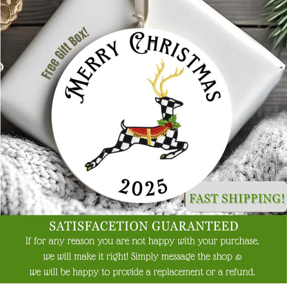 Personalized Courtly Check Christmas Ornament, Black and White Ceramic, Gift Box