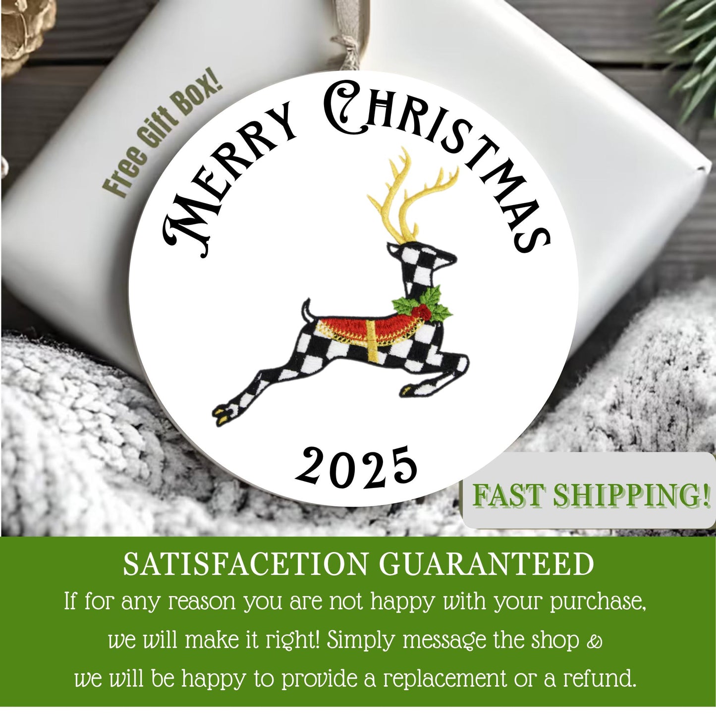 Courtly Check Black and White Ceramic Personalized Christmas Ornament with Hanger, Bow and Gift Box