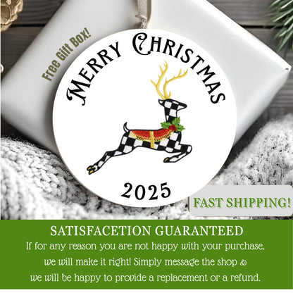 Courtly Check Black and White Ceramic Personalized Christmas Ornament with Hanger, Bow and Gift Box