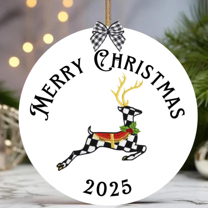 Courtly Check Black and White Ceramic Personalized Christmas Ornament with Hanger, Bow and Gift Box