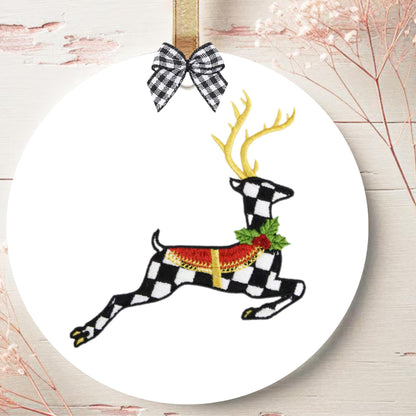 Courtly Check Black and White Ceramic Personalized Christmas Ornament with Hanger, Bow and Gift Box
