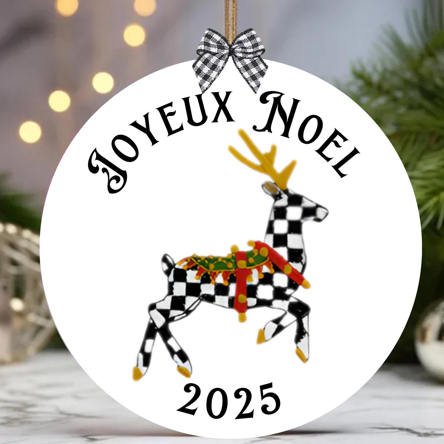 Courtly Check Black and White Ceramic Personalized Christmas Ornament with Hanger, Bow and Gift Box