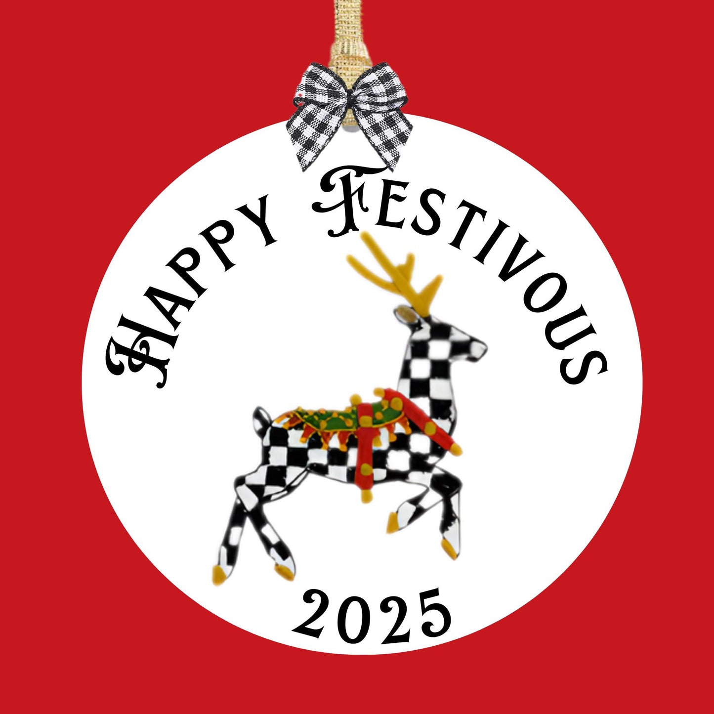 Courtly Check Black and White Ceramic Personalized Christmas Ornament with Hanger, Bow and Gift Box