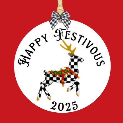 Courtly Check Black and White Ceramic Personalized Christmas Ornament with Hanger, Bow and Gift Box