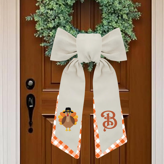 Embroidered Thanksgiving Farmhouse Wreath Sash: Fall Turkey Holiday Door Hanger