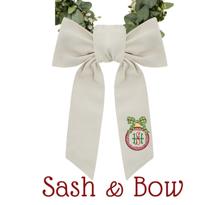Embroidered Christmas Wreath Sash: Coordinating Sash Available - Holiday Door Hanger - Personalized Ornament Decor