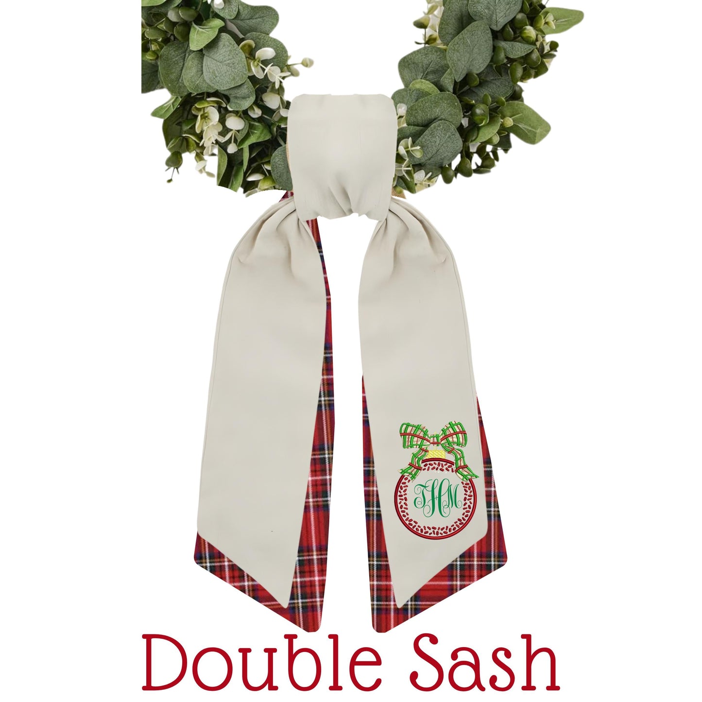 Embroidered Christmas Wreath Sash: Coordinating Sash Available - Holiday Door Hanger - Personalized Ornament Decor
