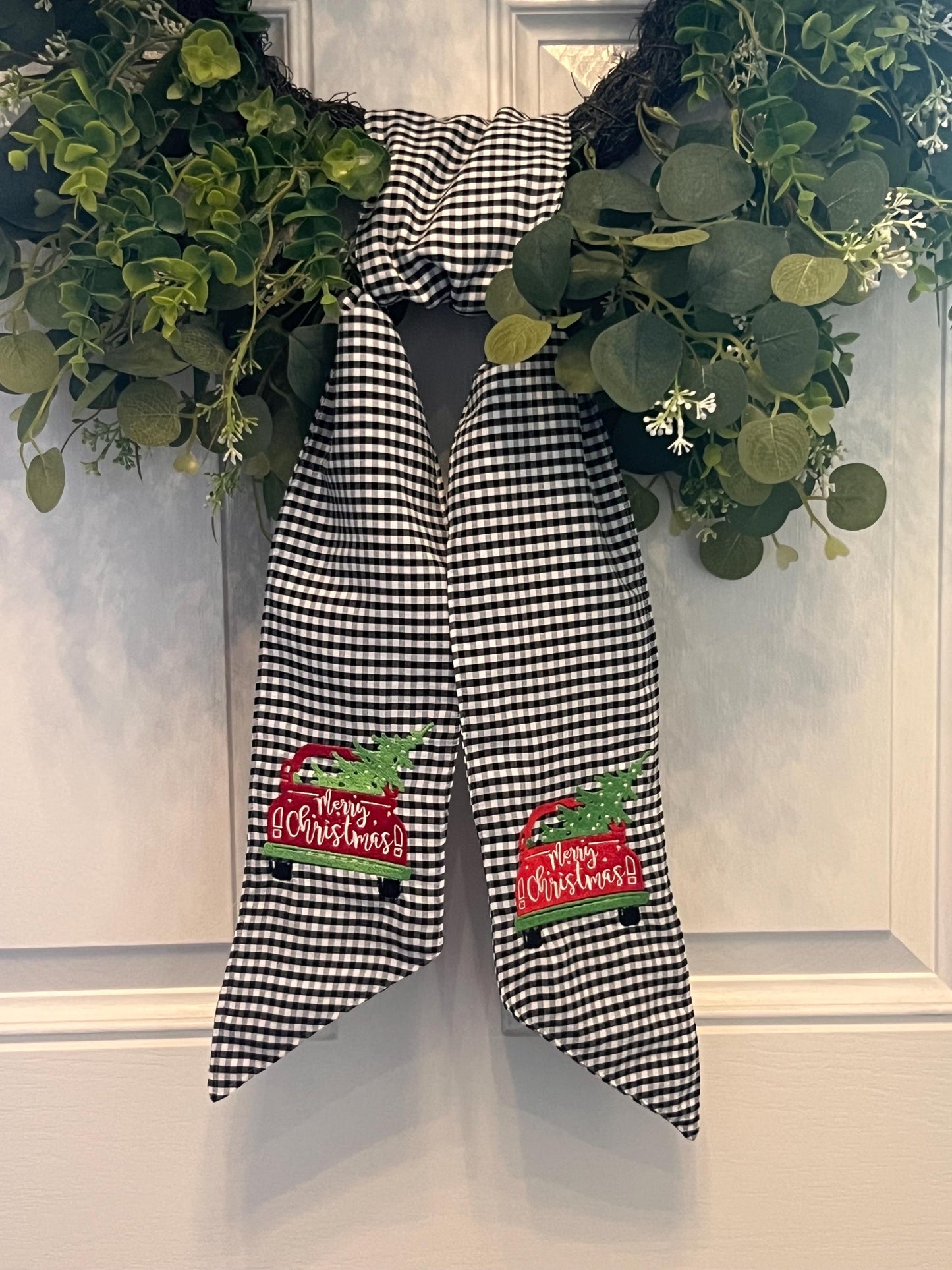 Embroidered Christmas Farmhouse Wreath Sash: Holiday Door Hanger