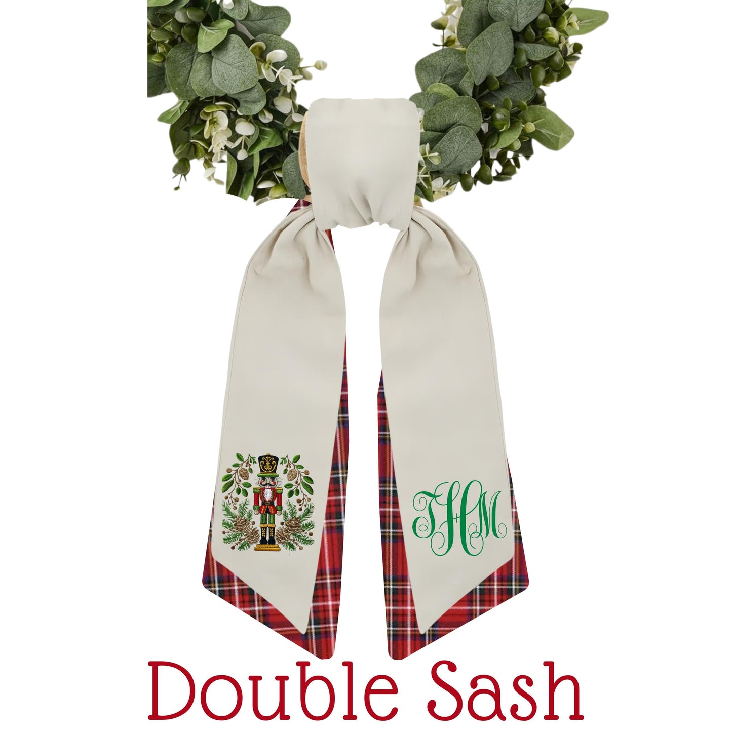 Embroidered Christmas Wreath Sash: Personalized Nutcracker Door Hanger