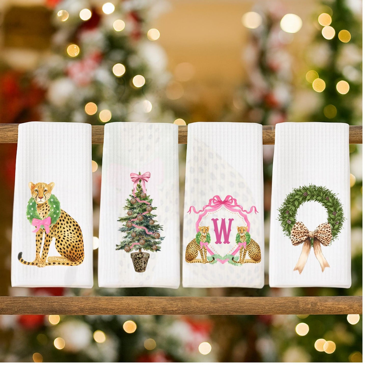 Christmas Cheetah Pink and Green Tea Towel