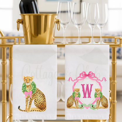 Christmas Cheetah Pink and Green Tea Towel