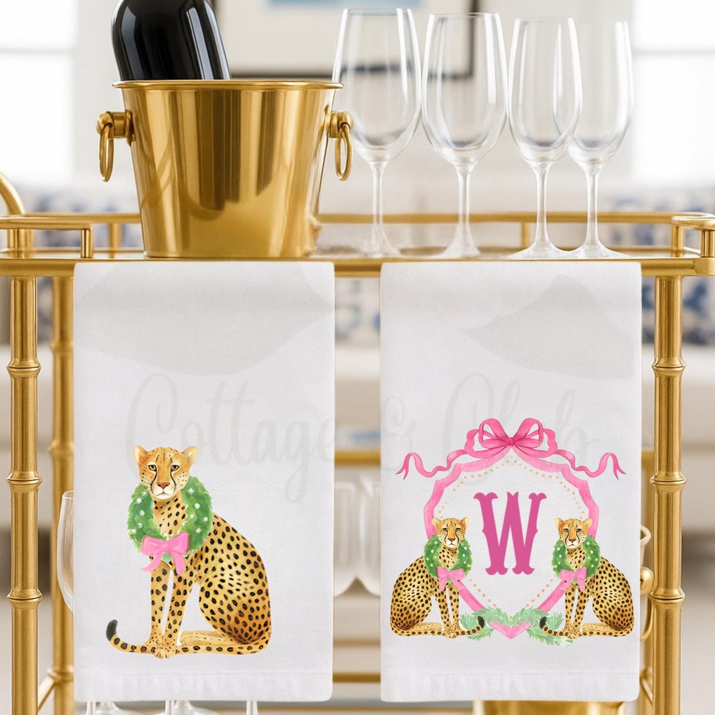 Christmas Cheetah Pink and Green Tea Towel Collection