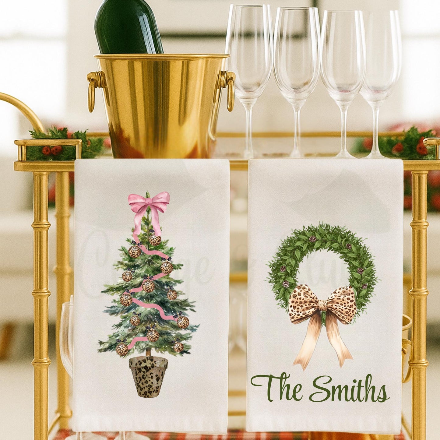 Christmas Cheetah Pink and Green Tea Towel