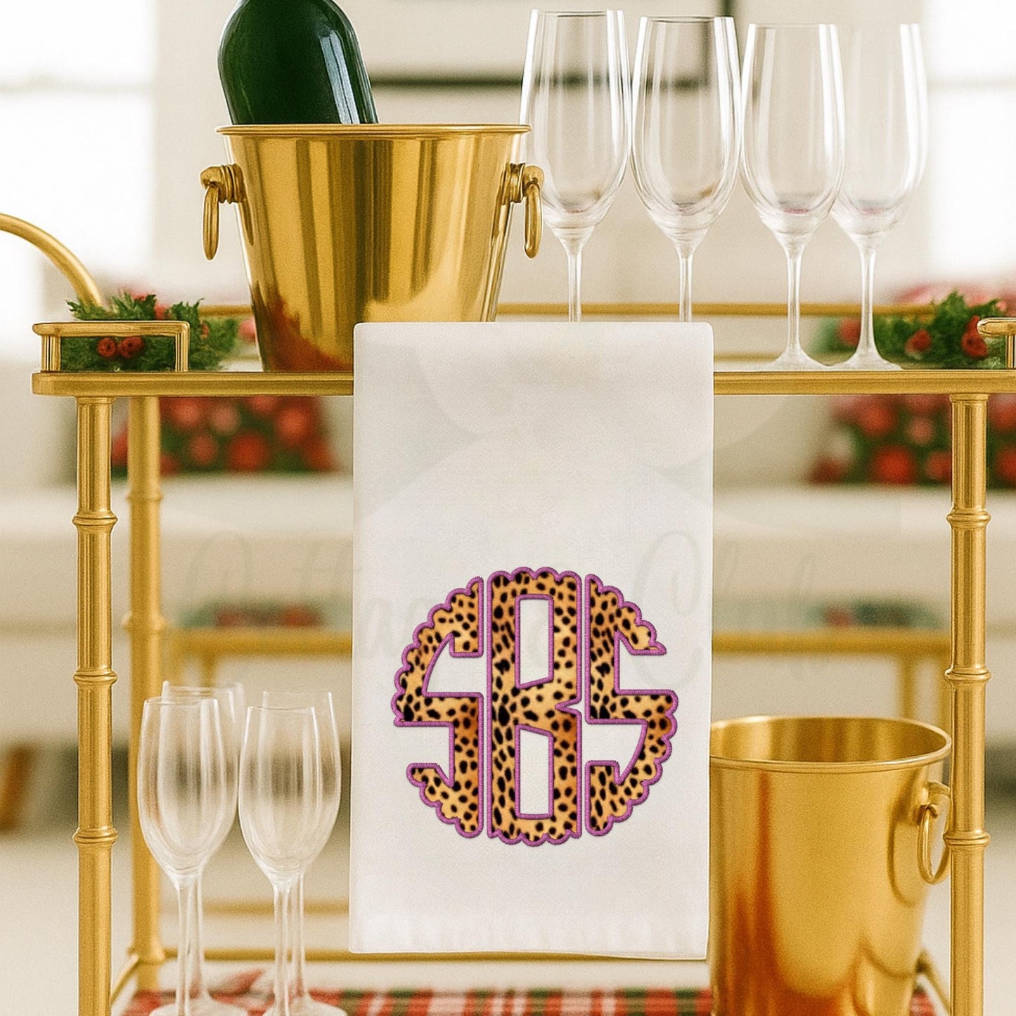 Christmas Cheetah Preppy Pink and Green Tea Towel Collection | Personalized Kitchen Decor | Gift for Her, Hostess, Birthday, Mom