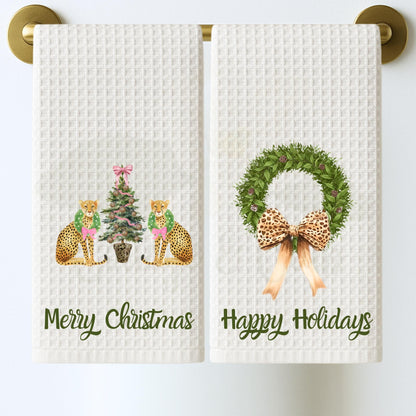 Christmas Cheetah Preppy Pink and Green Tea Towel Collection | Personalized Kitchen Decor | Gift for Her, Hostess, Birthday, Mom
