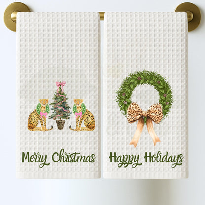 Christmas Cheetah Preppy Pink and Green Tea Towel Collection | Personalized Kitchen Decor | Gift for Her, Hostess, Birthday, Mom