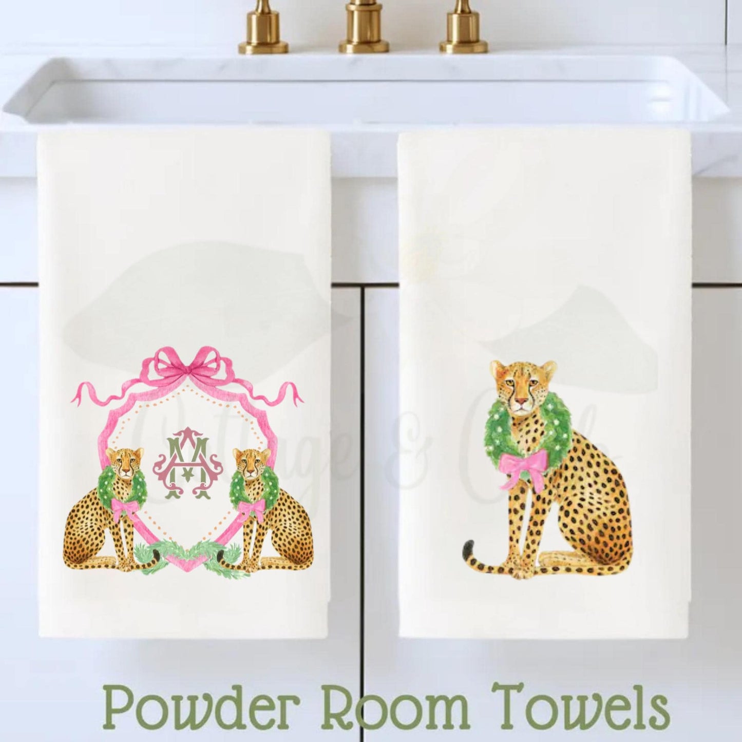 Preppy Pink and Green Cheetah, Leopard Themed Fingertip Towels | Christmas Powder Room Hand Towels | Personalized Bathroom Decor & Gift