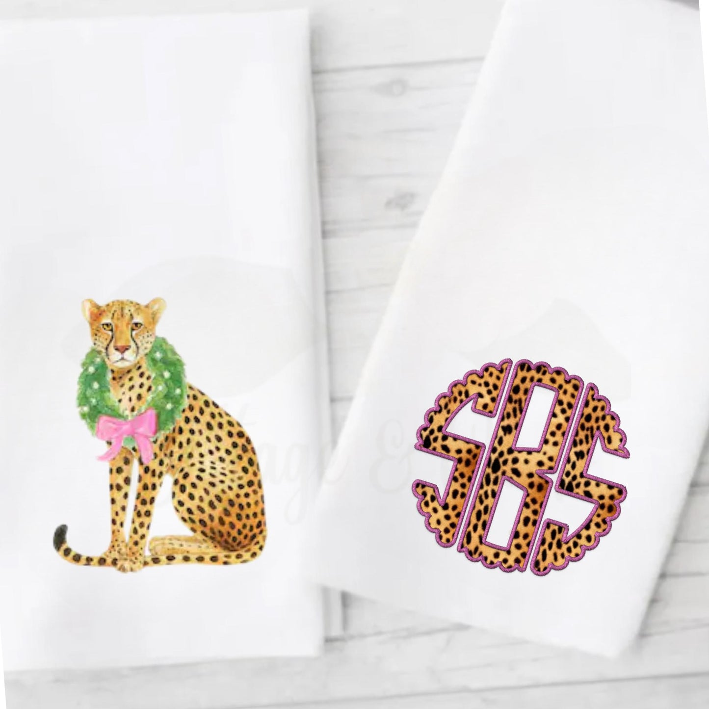 Preppy Pink and Green Cheetah, Leopard Themed Fingertip Towels | Christmas Powder Room Hand Towels | Personalized Bathroom Decor & Gift