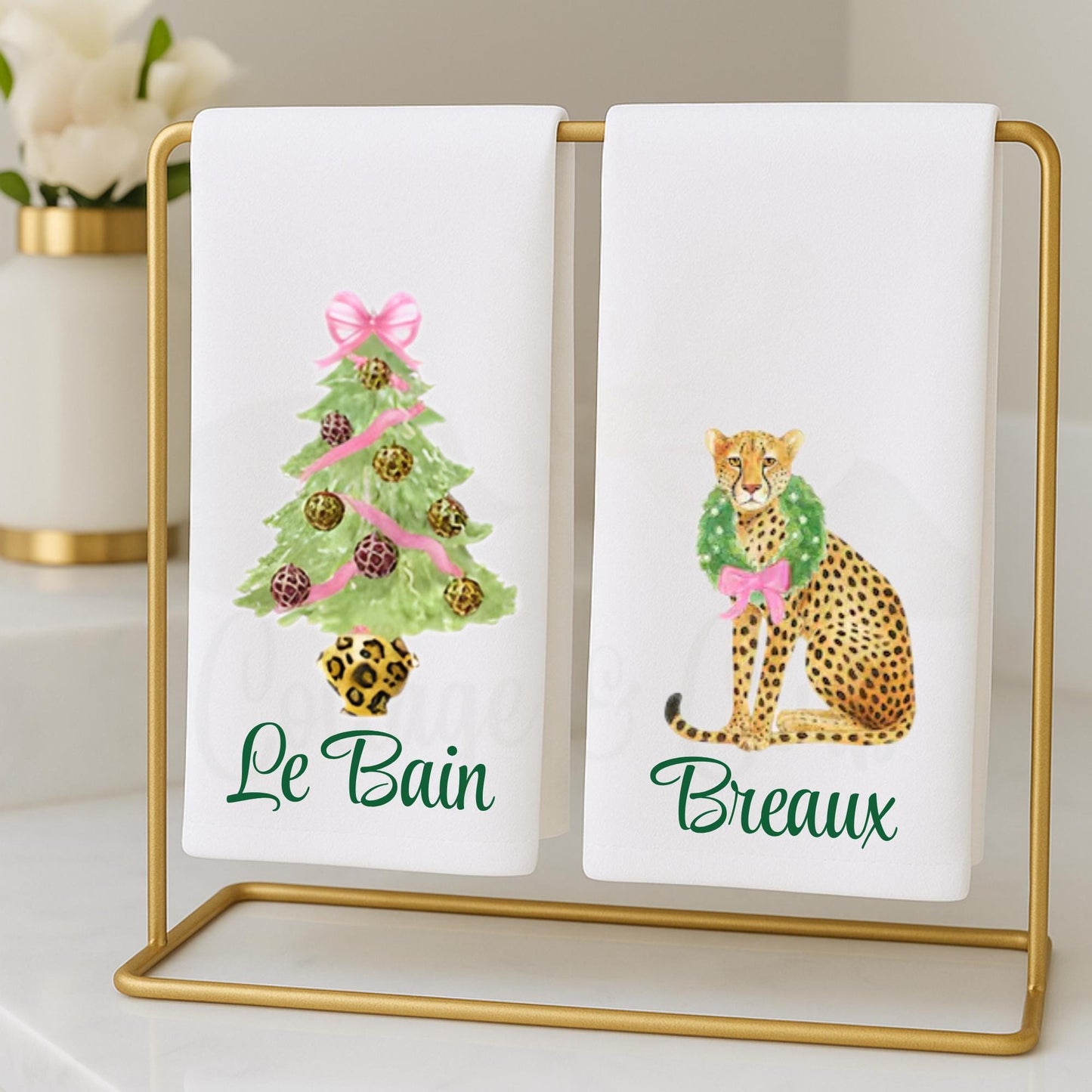 Preppy Pink and Green Cheetah, Leopard Themed Fingertip Towels | Christmas Powder Room Hand Towels | Personalized Bathroom Decor & Gift