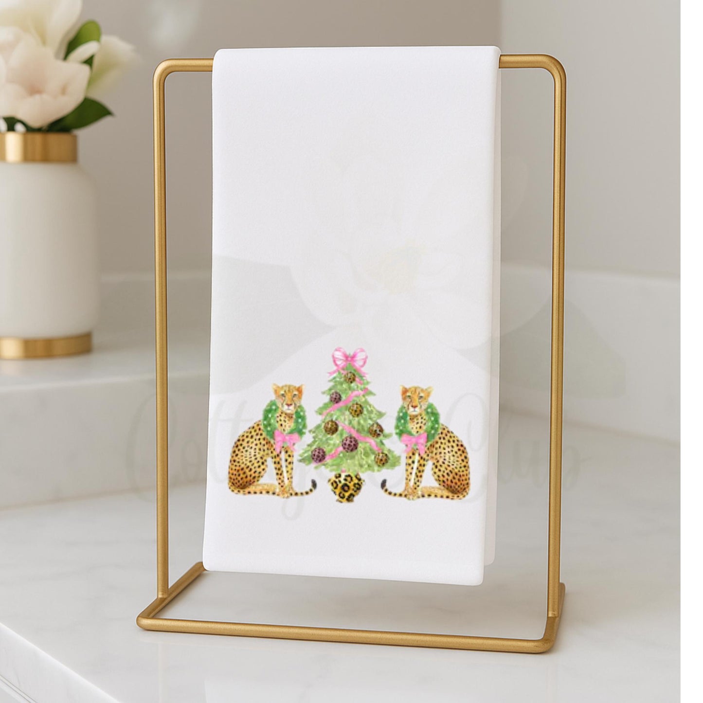 Preppy Pink and Green Cheetah, Leopard Themed Fingertip Towels | Christmas Powder Room Hand Towels | Personalized Bathroom Decor & Gift