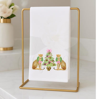 Preppy Pink and Green Cheetah, Leopard Themed Fingertip Towels | Christmas Powder Room Hand Towels | Personalized Bathroom Decor & Gift