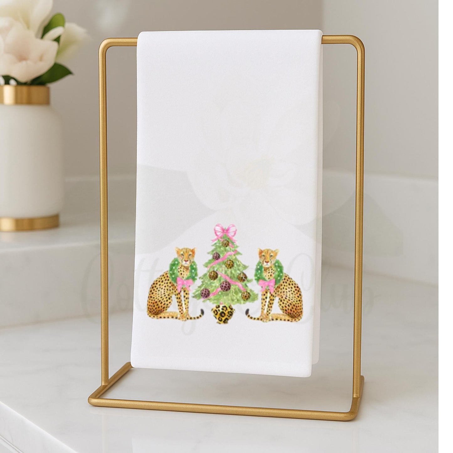 Preppy Pink and Green Cheetah, Leopard Themed Fingertip Towels | Christmas Powder Room Hand Towels | Personalized Bathroom Decor & Gift