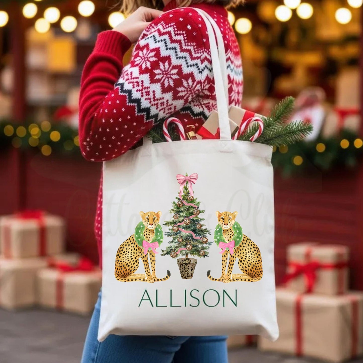 Preppy Pink and Green Christmas Tote Bag - Reusable Shopping Bag - Custom Gift Bag