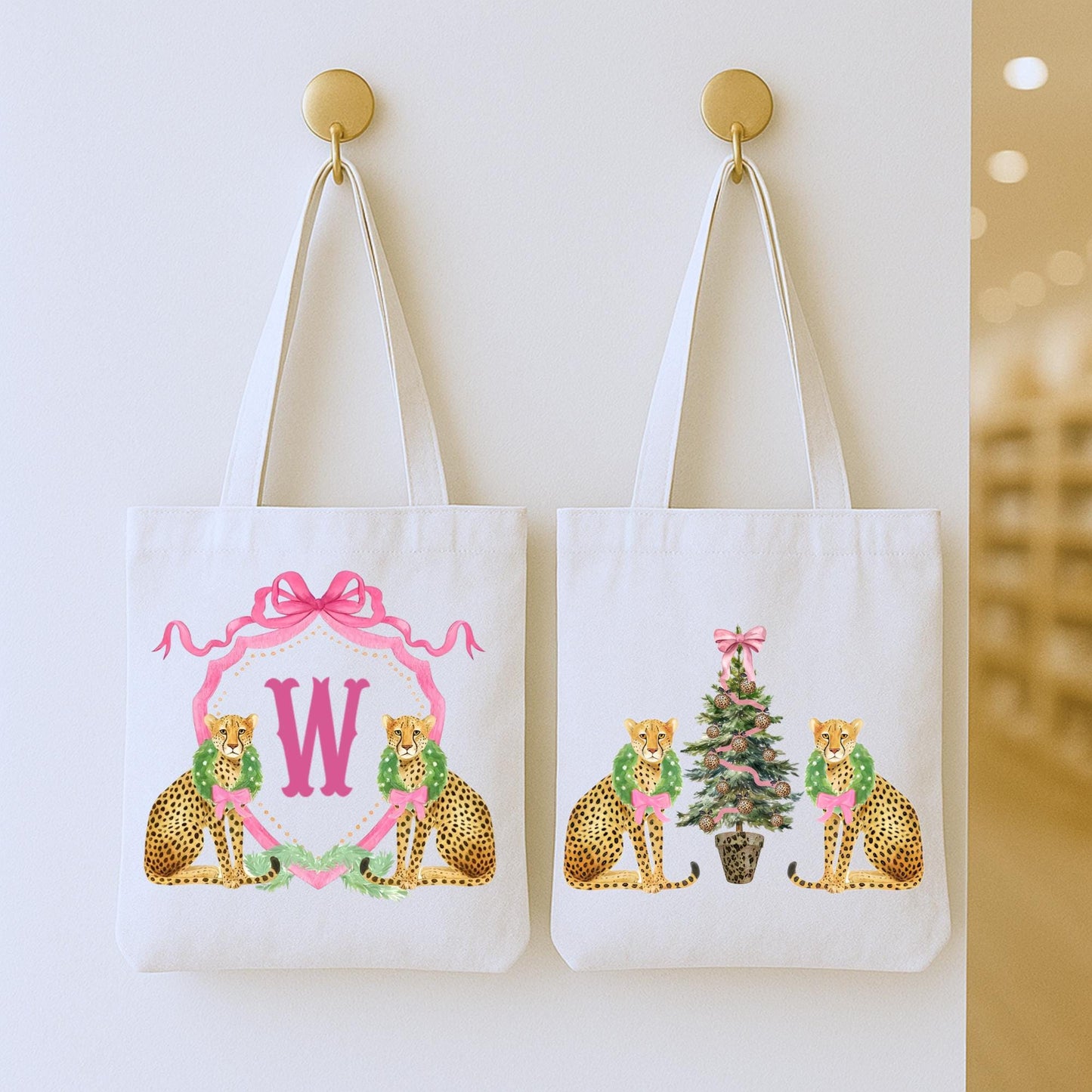 Preppy Pink and Green Christmas Tote Bag - Reusable Shopping Bag - Custom Gift Bag