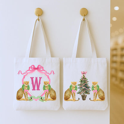 Preppy Pink and Green Christmas Tote Bag - Reusable Shopping Bag - Custom Gift Bag