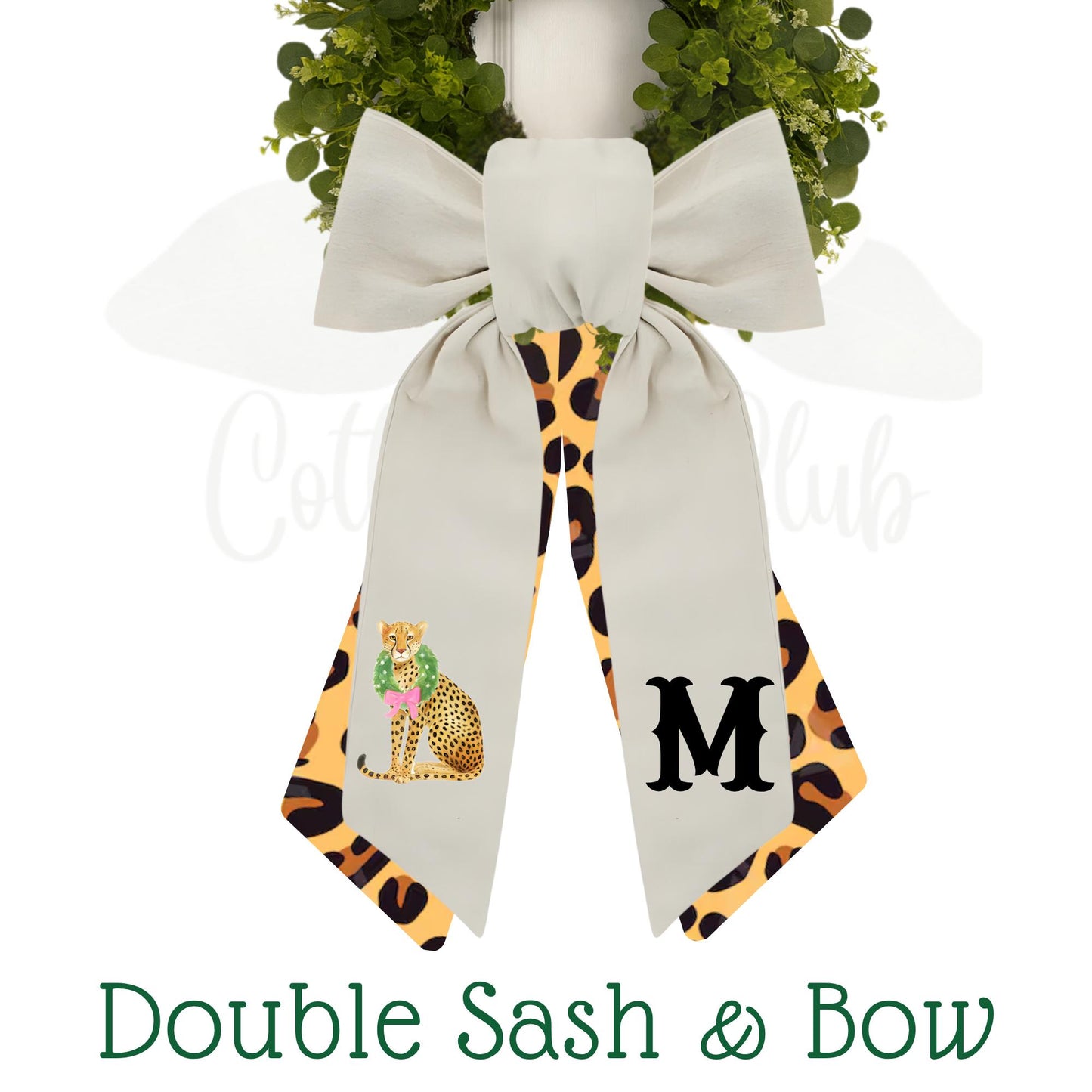 Pink and Green Cheetah Embroidered Wreath Sash with Coordinating Second Sash, Personalized Door Decor, Holiday Wreath Accessory