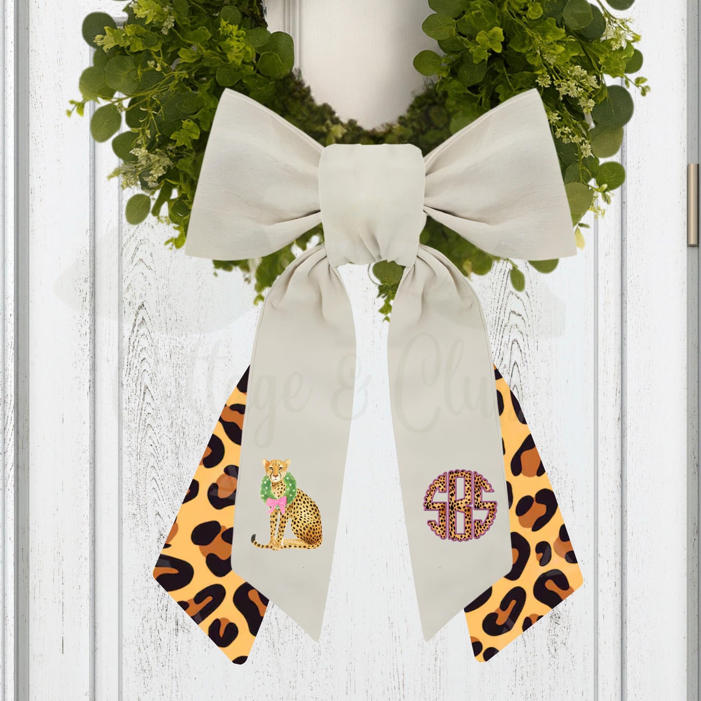 Pink and Green Cheetah Embroidered Wreath Sash with Coordinating Second Sash, Personalized Door Decor, Holiday Wreath Accessory
