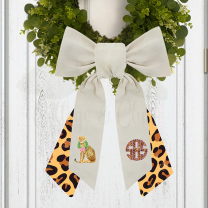 Pink and Green Cheetah Embroidered Wreath Sash with Coordinating Second Sash, Personalized Door Decor, Holiday Wreath Accessory