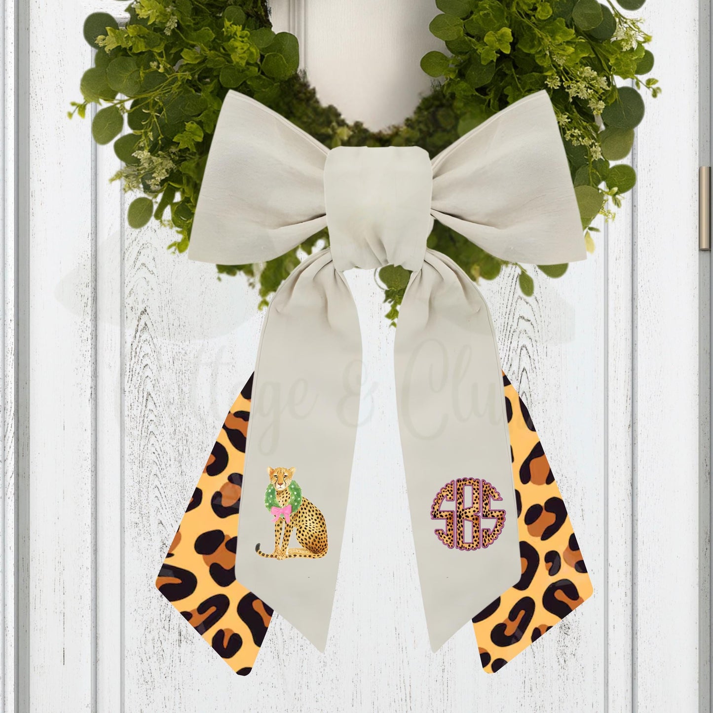 Pink and Green Cheetah Embroidered Wreath Sash with Coordinating Second Sash, Personalized Door Decor, Holiday Wreath Accessory