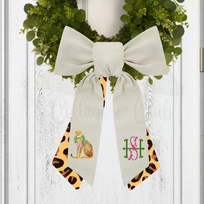 Pink and Green Cheetah Embroidered Wreath Sash with Coordinating Second Sash, Personalized Door Decor, Holiday Wreath Accessory