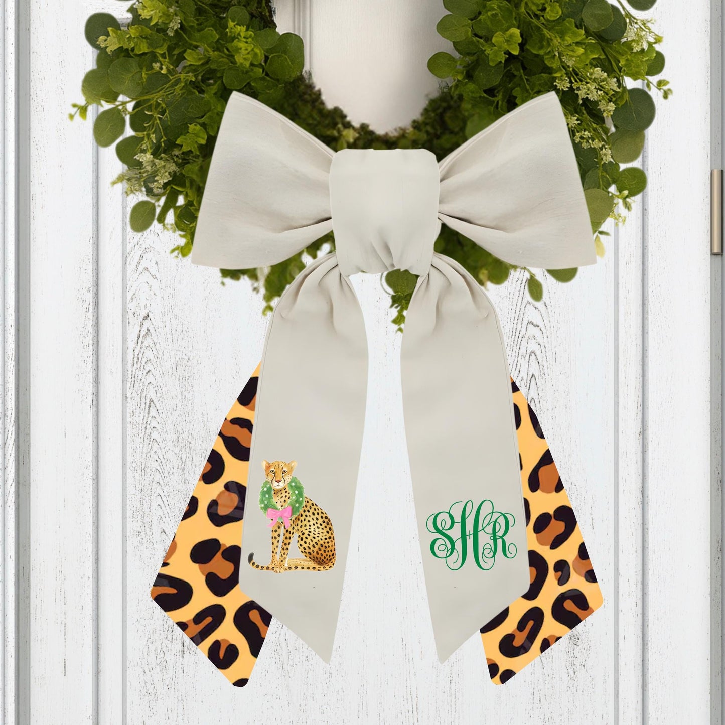 Pink and Green Cheetah Embroidered Wreath Sash with Coordinating Second Sash, Personalized Door Decor, Holiday Wreath Accessory