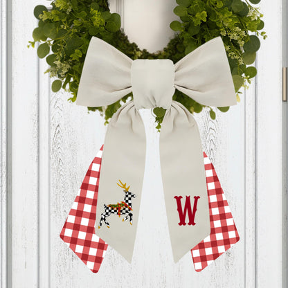 Monogrammed Christmas Wreath Sash: Black & White Courtly Check, Embroidered Deer