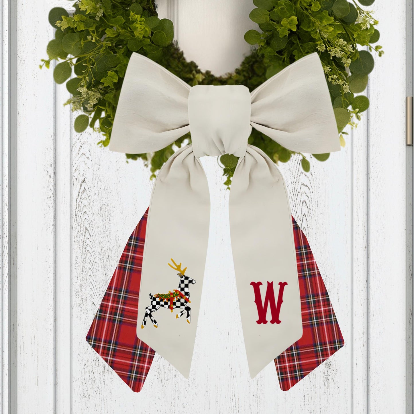 Monogrammed Christmas Wreath Sash: Black & White Courtly Check, Embroidered Deer