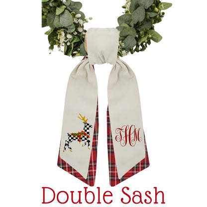 Monogrammed Christmas Wreath Sash: Black & White Courtly Check, Embroidered Deer