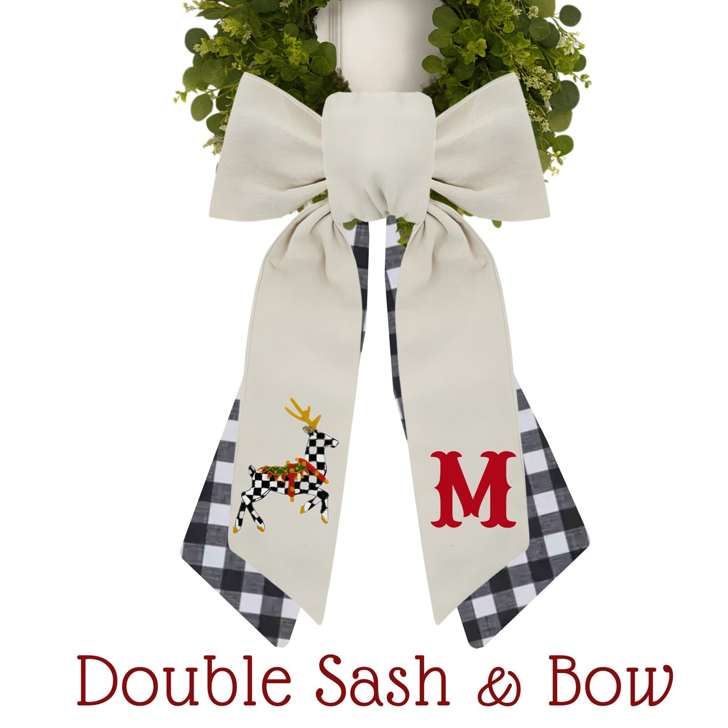 Monogrammed Christmas Wreath Sash: Black & White Courtly Check, Embroidered Deer