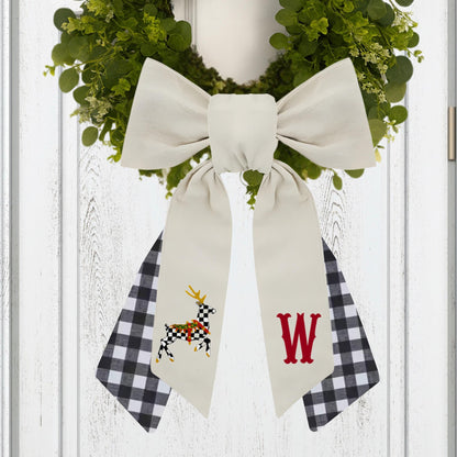 Personalized Embroidered Christmas Wreath Sash: Black and White Check, Holiday Farmhouse Deer Door Hanger