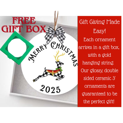 Personalized Courtly Check Christmas Ornament, Black and White Ceramic, Gift Box