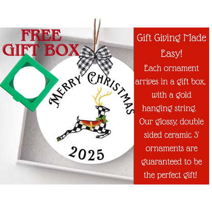 Personalized Ceramic Christmas Ornament, Courtly Check, Black and white decor with Gift Box