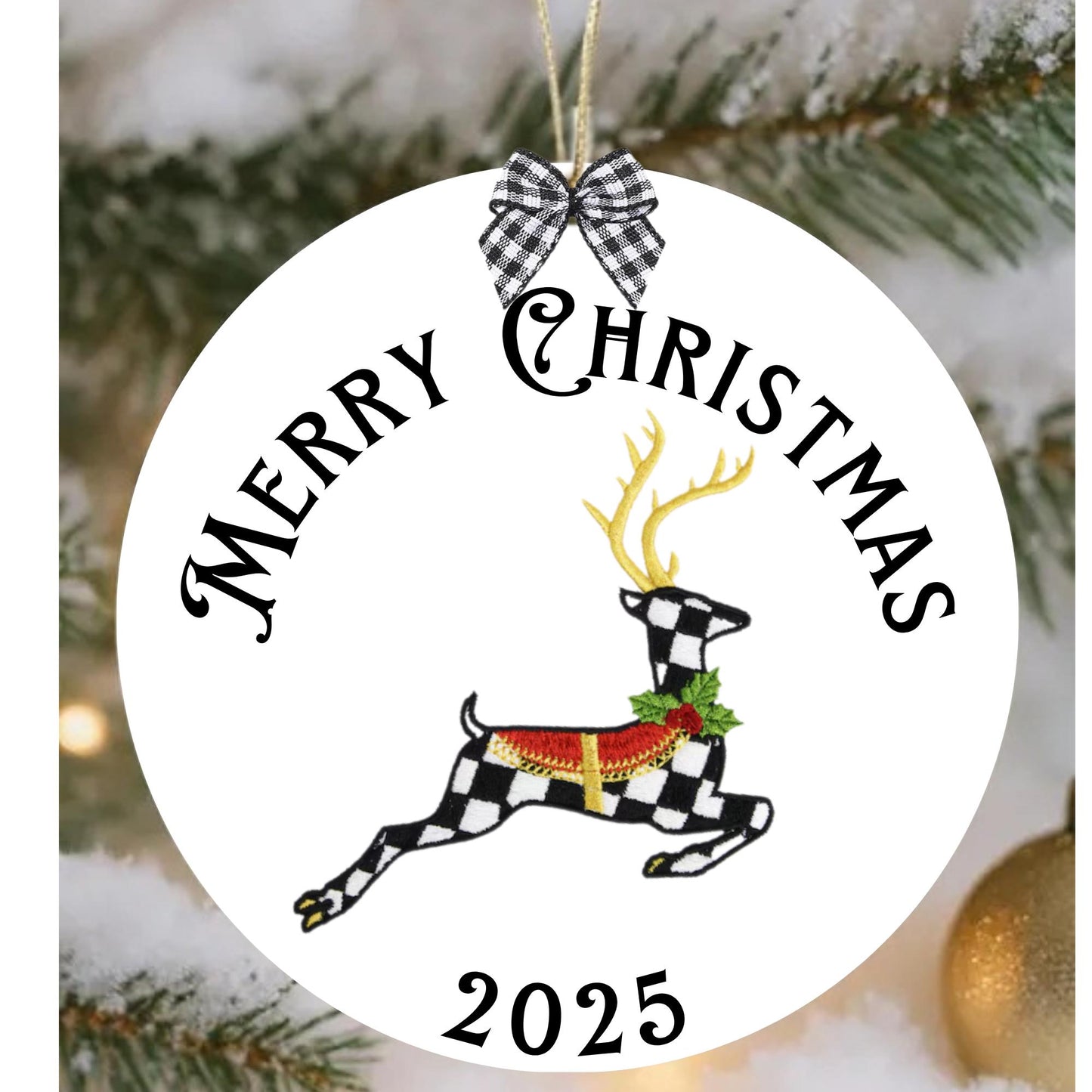 Courtly Check Black and White Ceramic Personalized Christmas Ornament with Hanger, Bow and Gift Box