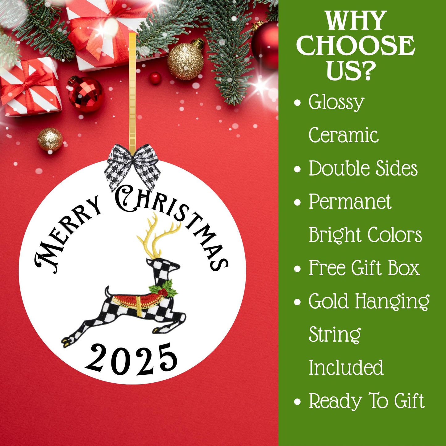 Courtly Check Black and White Ceramic Personalized Christmas Ornament with Hanger, Bow and Gift Box