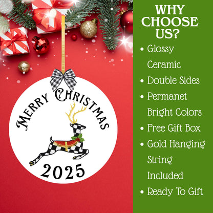 Courtly Check Black and White Ceramic Personalized Christmas Ornament with Hanger, Bow and Gift Box