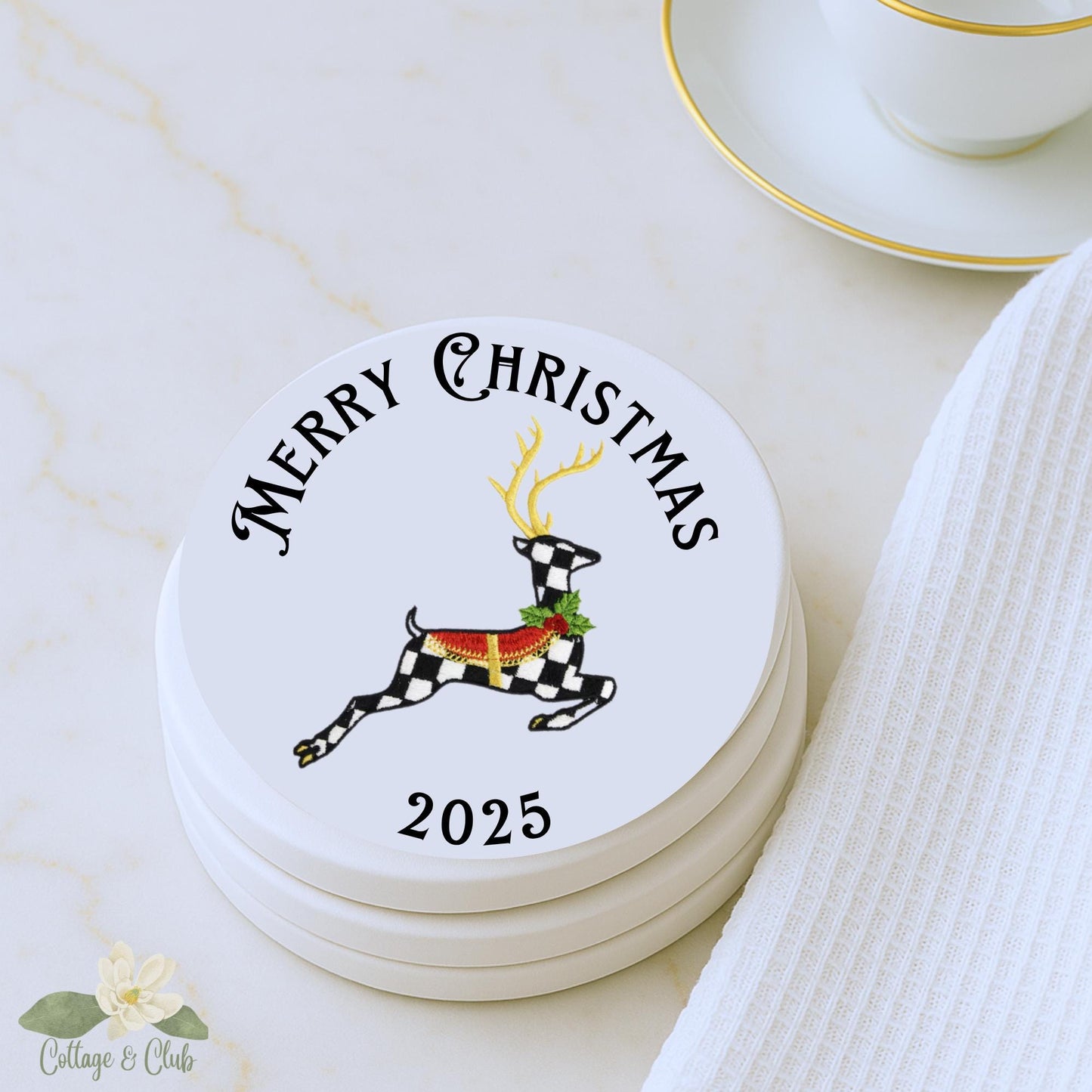 Personalized Courtly Check Coaster Set, Black and White Ceramic, Elegant Home Decor Gift