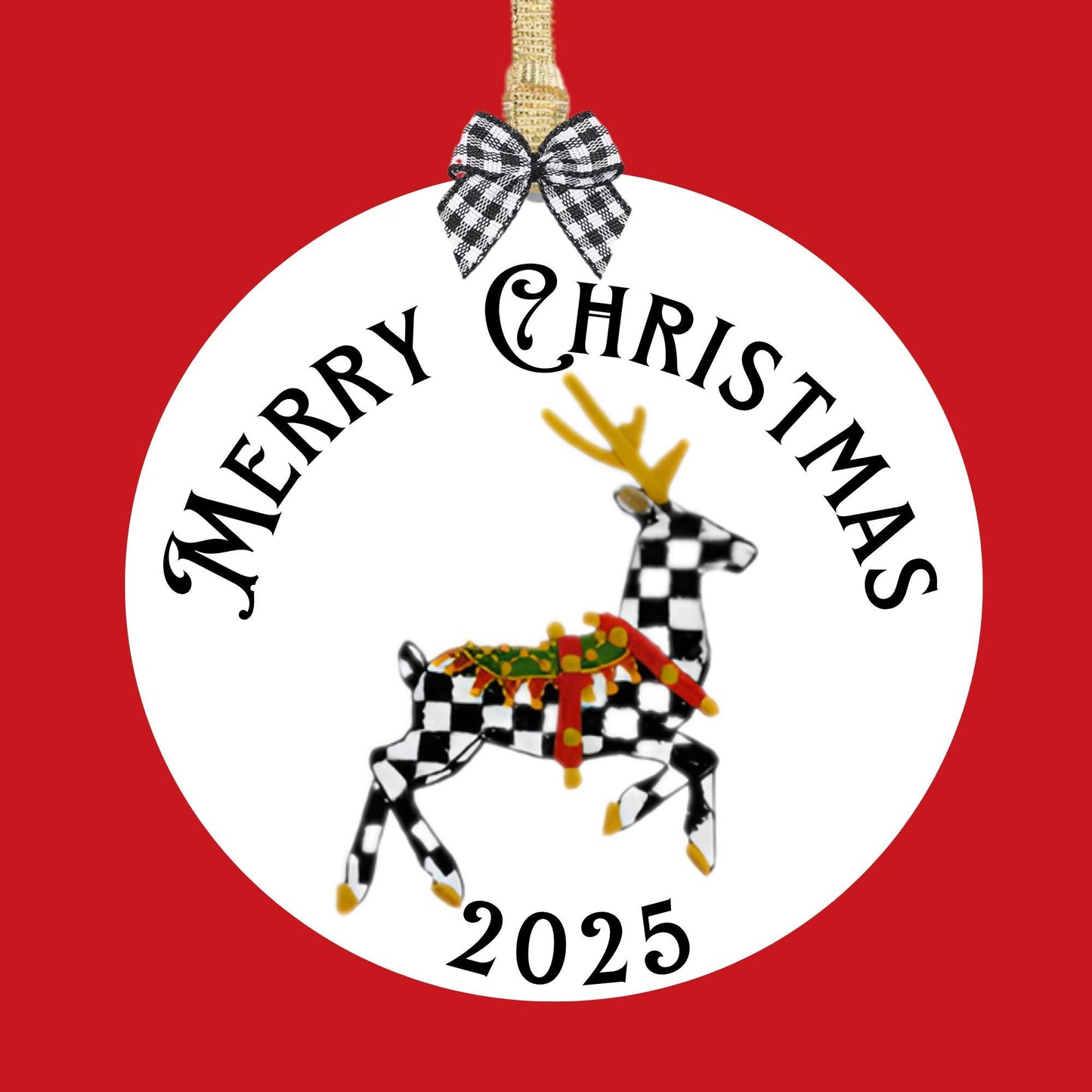 Courtly Check Black and White Ceramic Personalized Christmas Ornament with Hanger, Bow and Gift Box